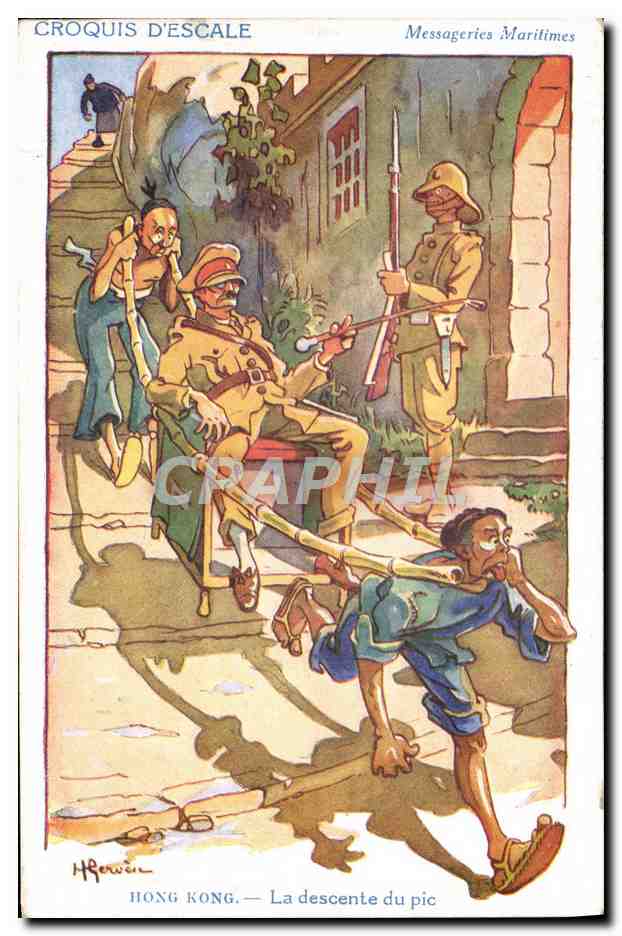 CPA Illustrateur Gervese Croquis d'escale Messageries Maritimes Hong Kong la descente du pic Chine China 