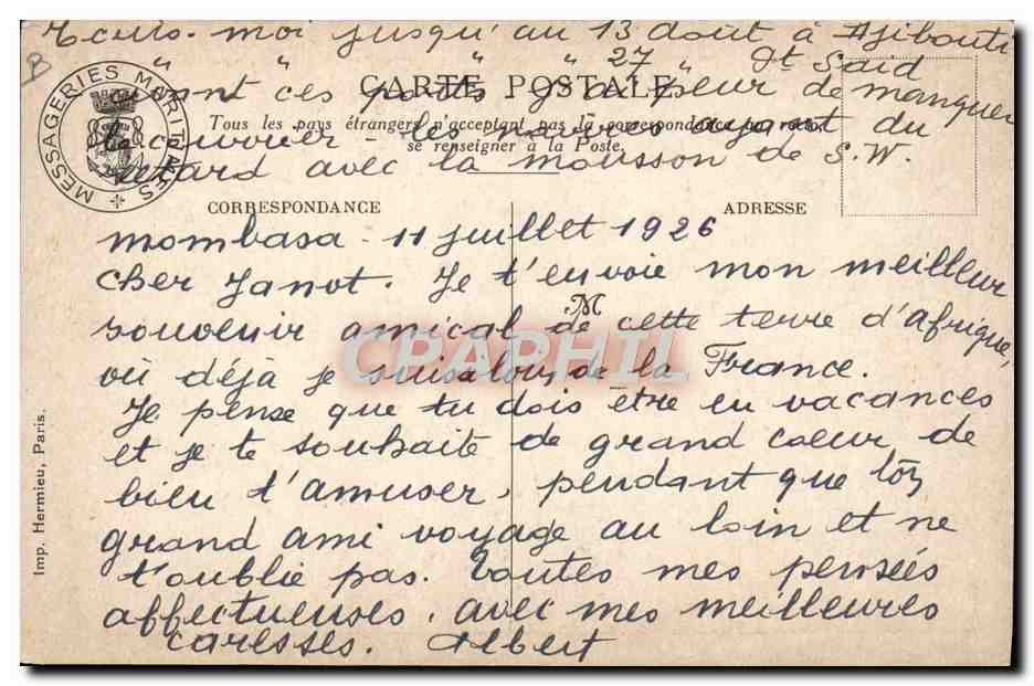 CPA Illustrateur Gervese Croquis d'escale Messageries Maritimes Hong Kong la descente du pic Chine China  — Rückseite