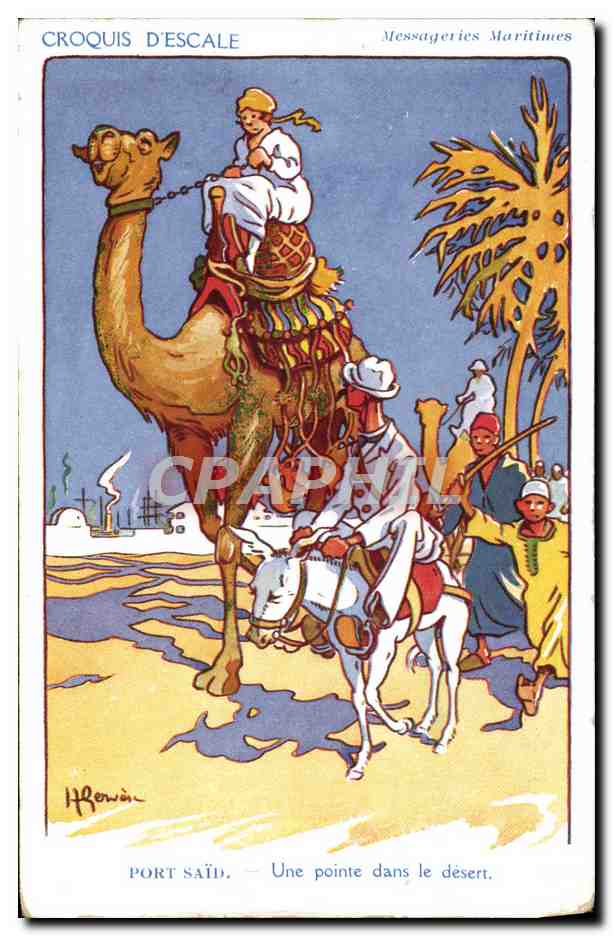 CPA Illustrateur Gervese Croquis d'escale Messageries Maritimes Port Said Une pointe dans le desert Egype 