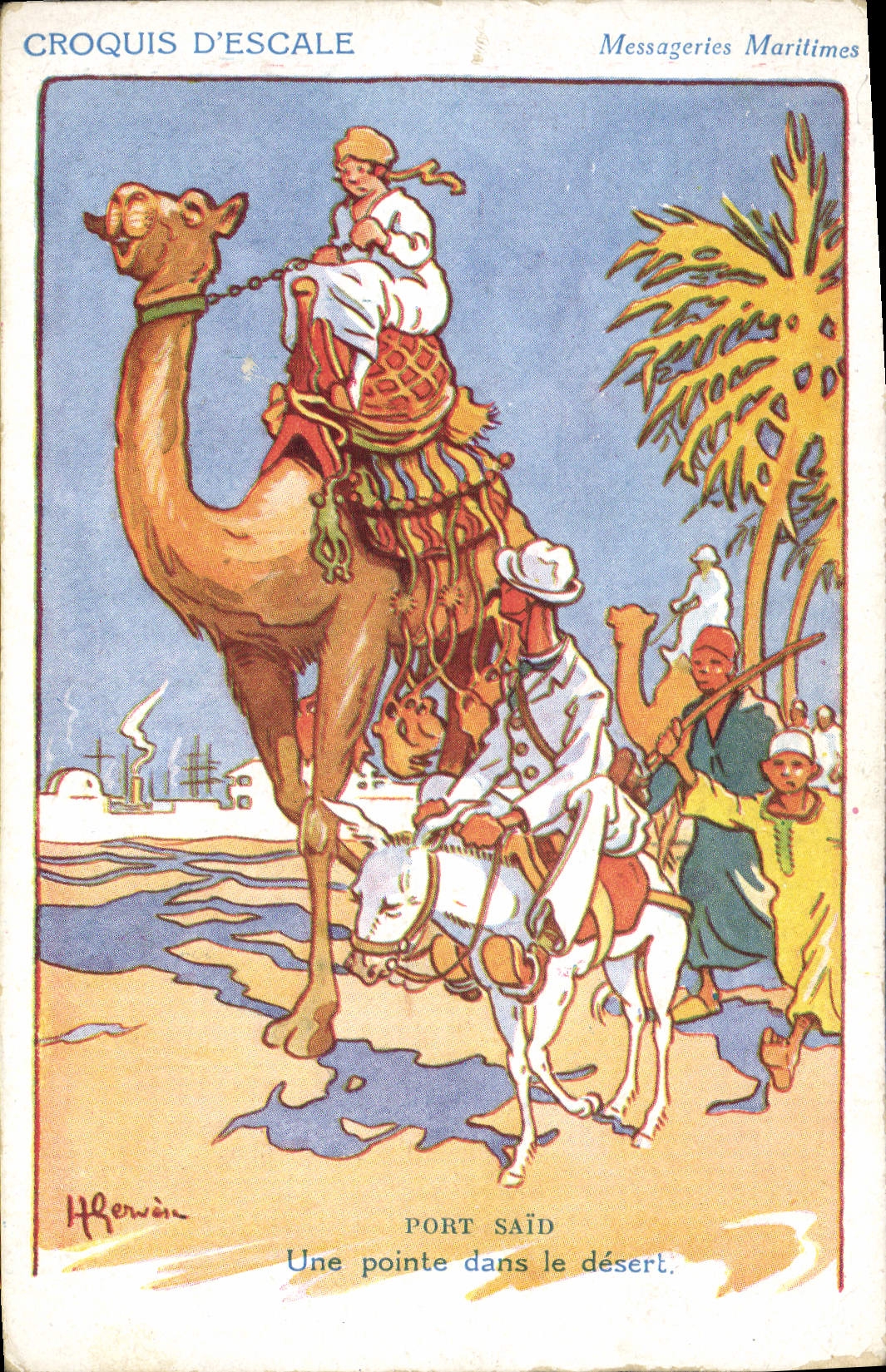 CPA Illustrateur Gervese Croquis d'escale Messageries Maritimes Port Said Une pointe dans le desert Chameau 