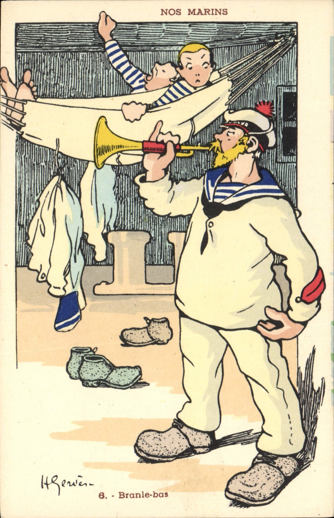 CPA Illustrateur Gervese Nos marins Branle bas Trompette