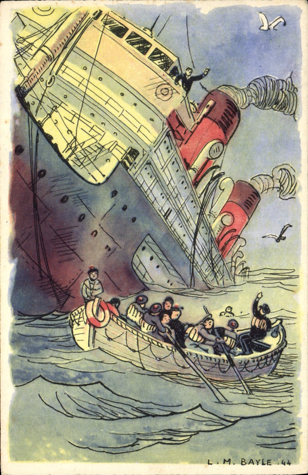 Sous-marin torpillant le paquebot BRAZZA — L.M. Bayle .44