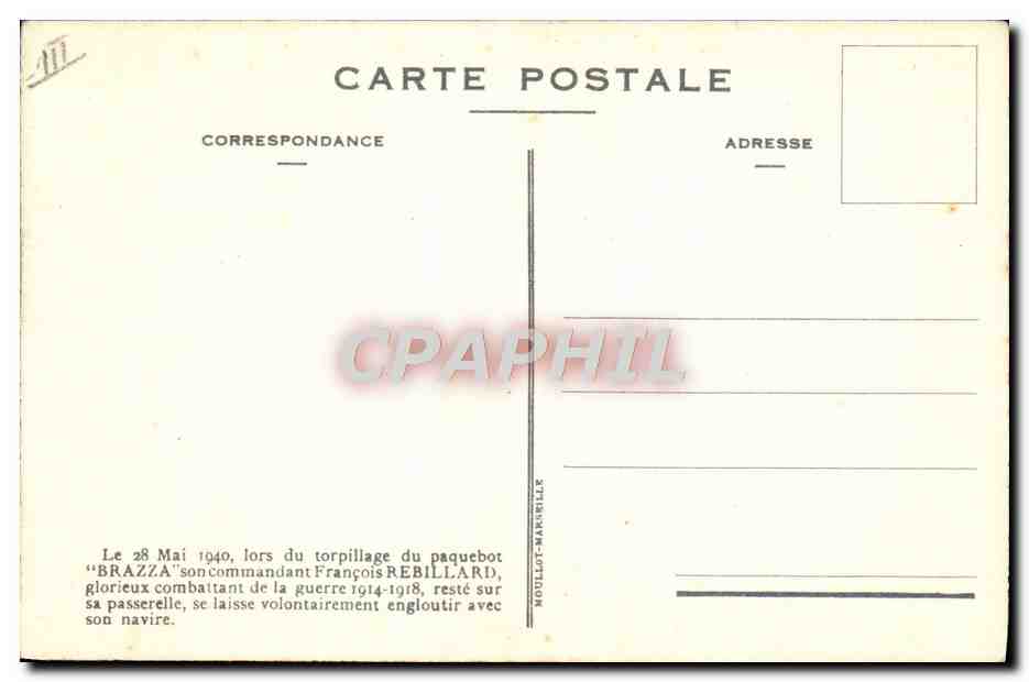 Sous-marin torpillant le paquebot BRAZZA — L.M. Bayle .44 — Reverso
