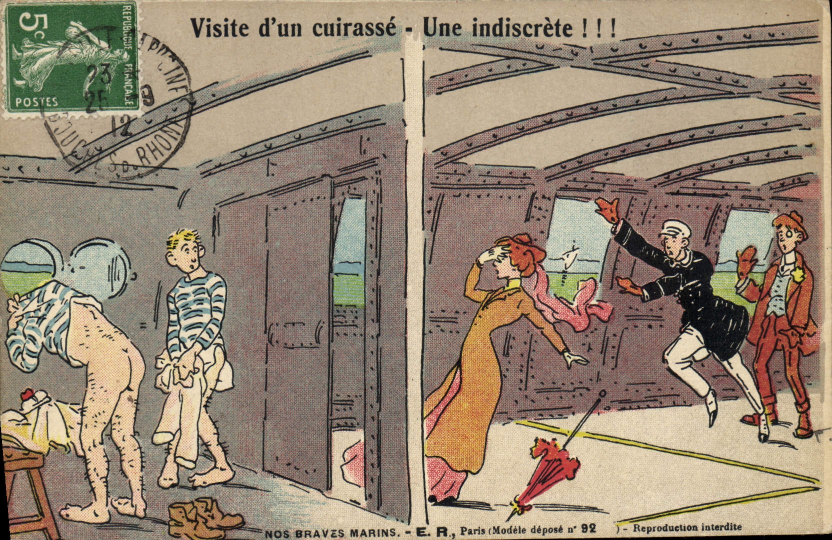 Visite d'un cuirassé - Une indiscrète !!! — Nos Braves Marins - E.R., Paris, Modèle déposé n° 92