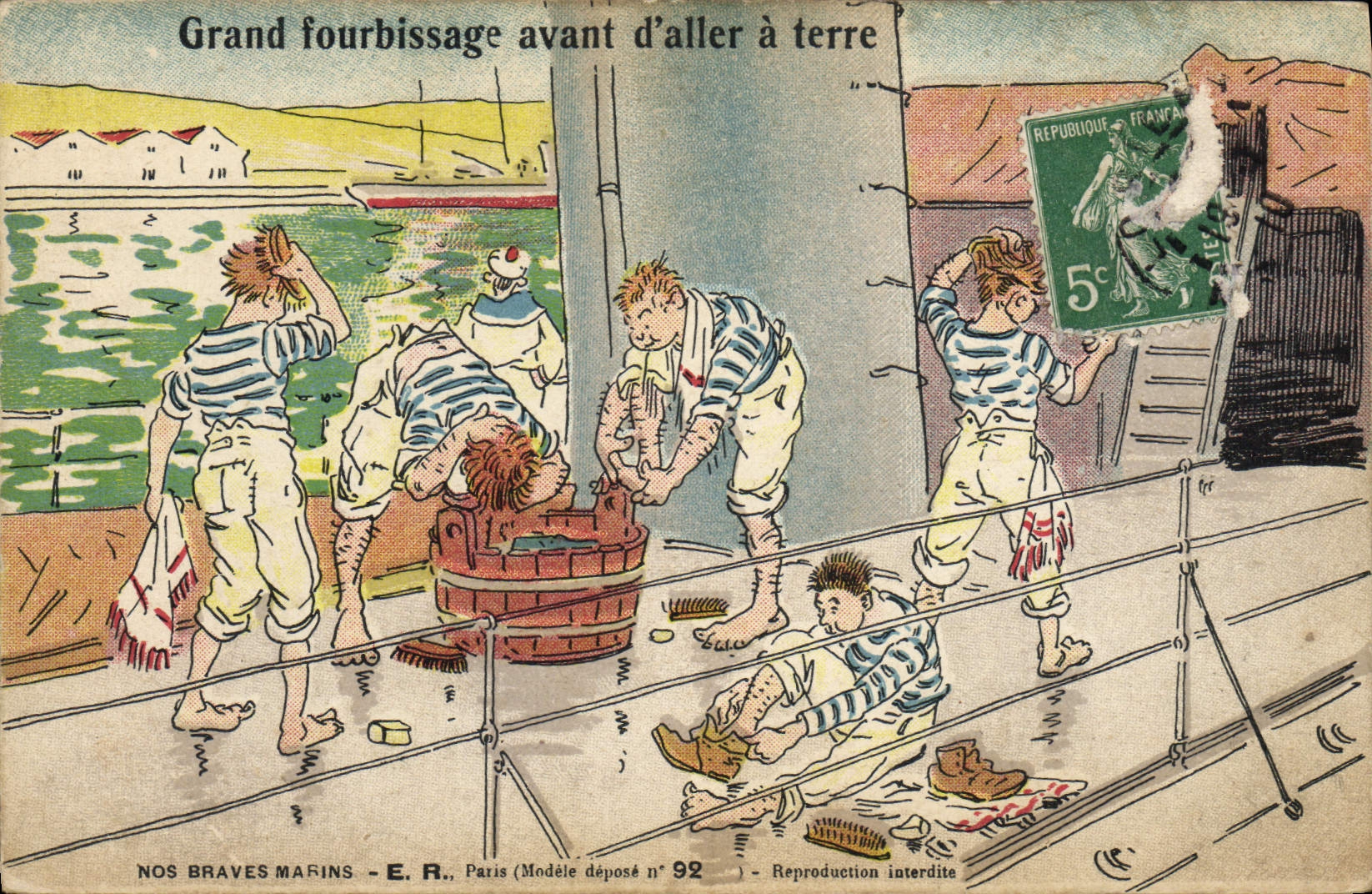 Marins en train de se préparer avant d'aller à terre — Nos Braves Marins — E.R., Paris (Modèle déposé n° 92)