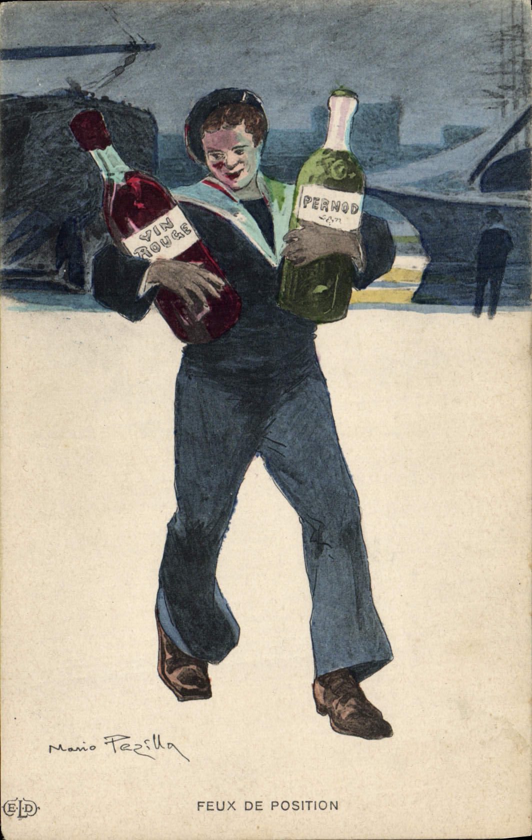 Sailor carrying bottles of Vin Rouge and Pernod — Mario Pazzilla — FEUX DE POSITION