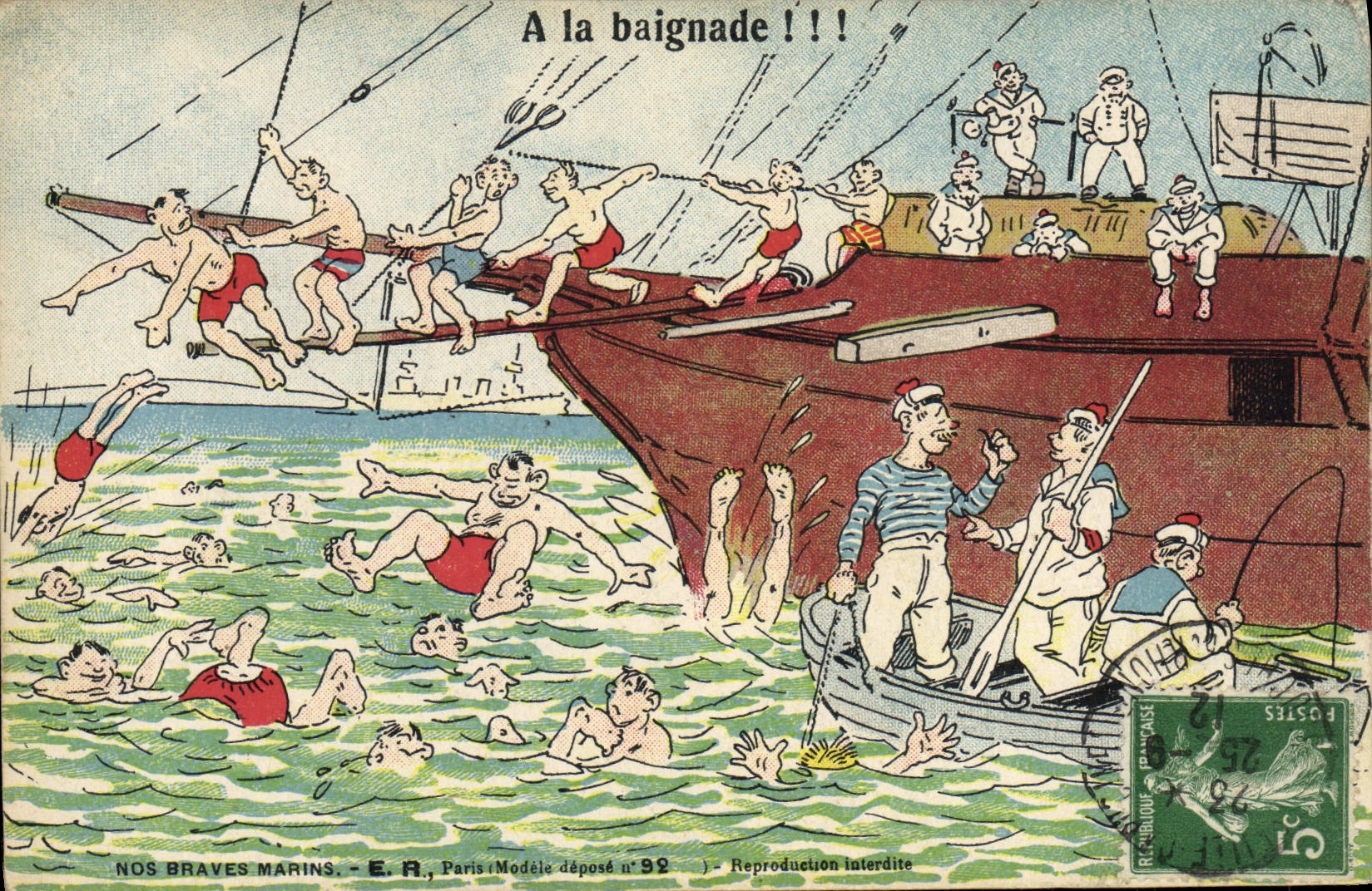 Nos braves marins — A la baignade !!! — E.R., Paris, Modèle déposé n°92