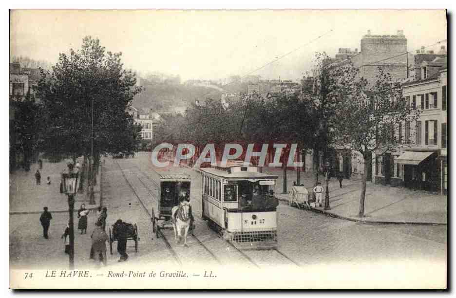 CPA Tramway Train le Havre Rond point de Graville 