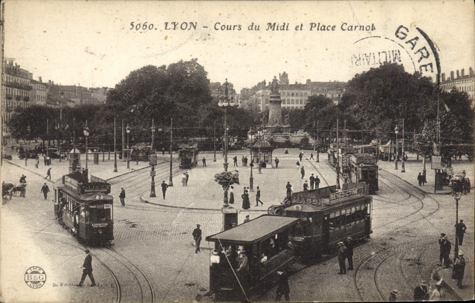 CPA Tramway Train Lyon Cours du Midi et place Carnot 