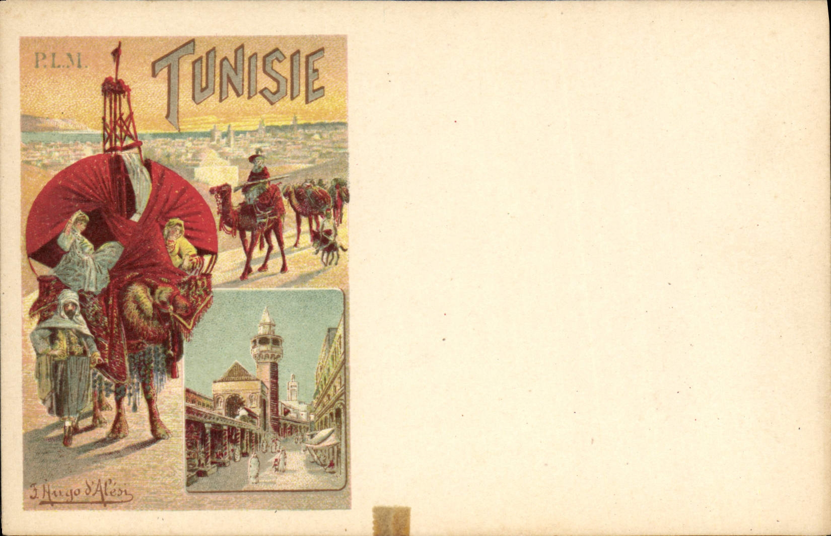 Tunisie — vue de la ville et caravaniers — P.L.M. J. Hugo d'Alessi