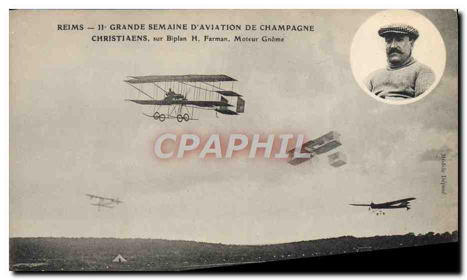 CPA Avion Aviation Grande semaine d'aviation de Champagne Christiaens sur biplan H Farmn Moteur gnome 