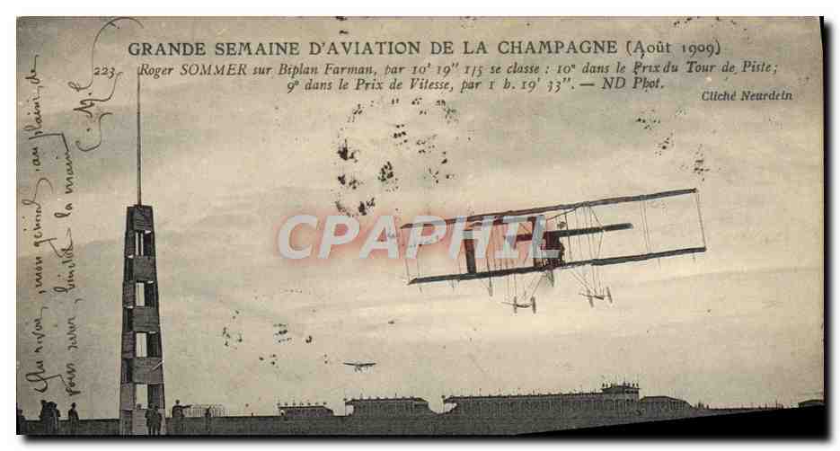 CPA Avion Aviation Grande semaine d'aviation de la Champagne Roger somemr sur biplan Sommer 