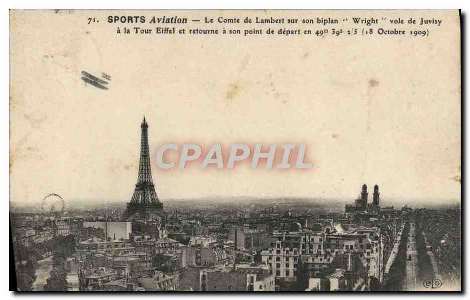 CPA Avion Aviation le comte de Lambert sur son biplan Wright vole de Juvisy a la Tour Eiffel