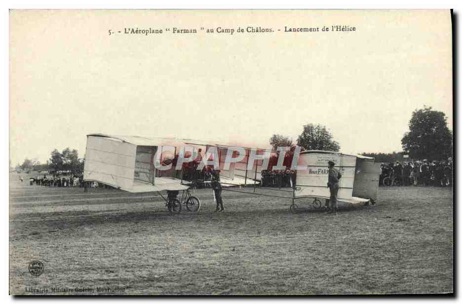 CPA Avion Aviation Aeroplane Farman au camp de Chalons Lancement de l'helice