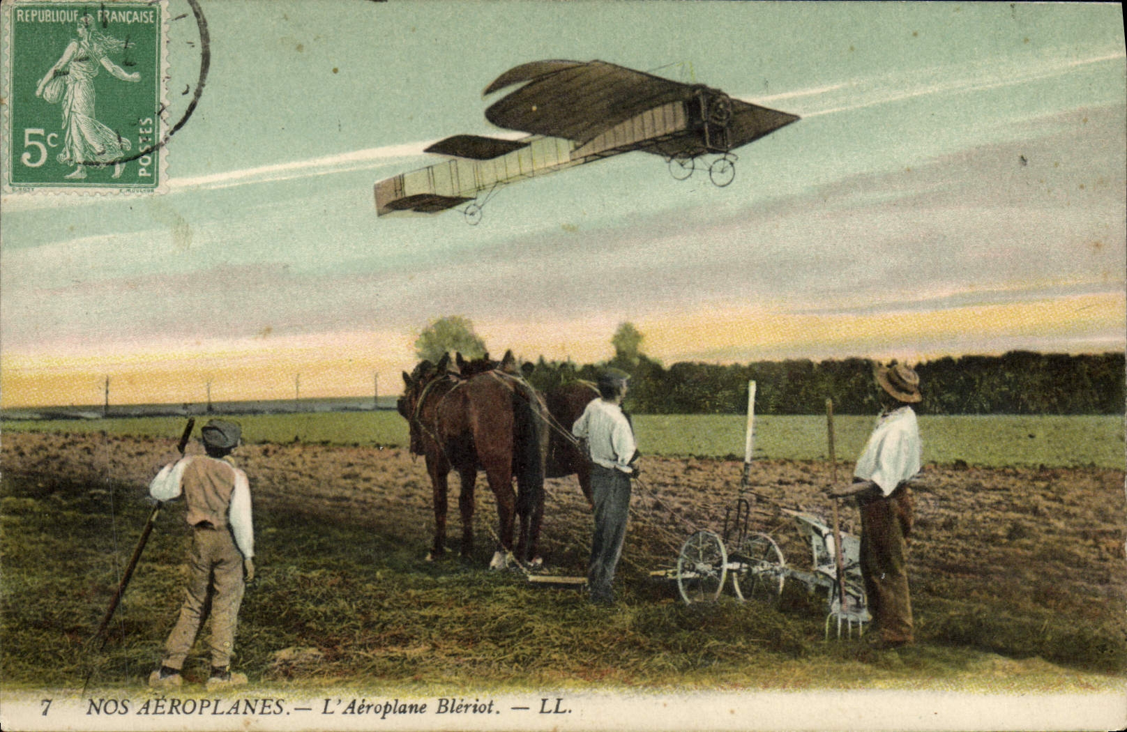 CPA Avion Aviation Aeroplane Bleriot Charrue Cheval 