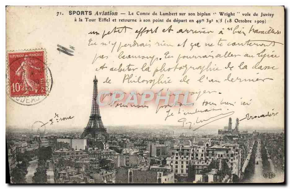 CPA Avion Aviation Paris le comte de lambert sur son biplan Wright vole de Juvisy a la Tour Eiffel Paris 