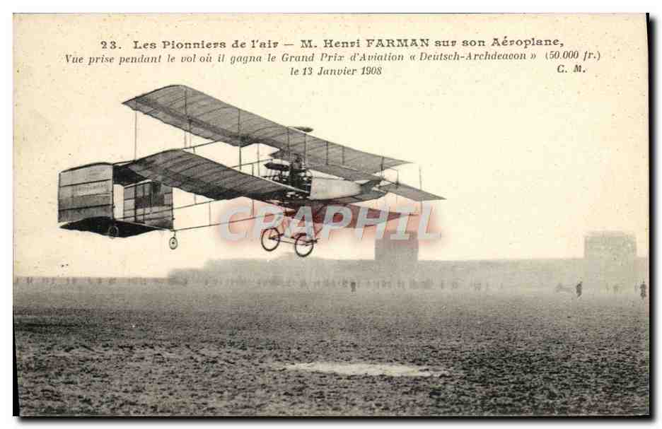 CPA Avion Aviation Henri Farman sur son aeroplane Vue prise pendant le vol Grand prix d'aviation Deutsch Archdeacon 