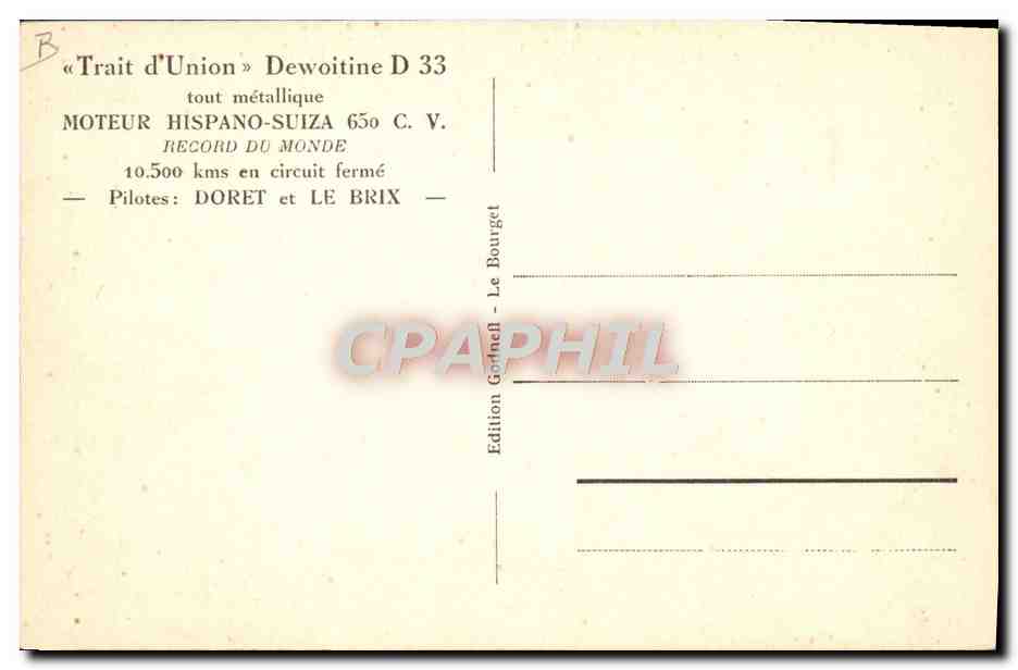 CPA Avion Aviation Avion de record Trait d'union Dewoitine D 33 — Rückseite
