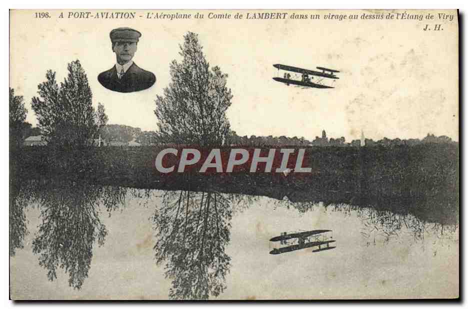 CPA Avion Aviation A Port Aviation Aeroplane du comte de Lambert dans un virage au dessus de l'etang de Viry 