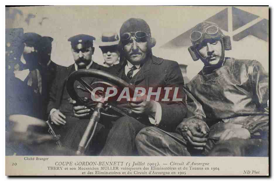 CPA Automobile Coupe Gordon Bennett 5 juillet 1905 Circuit d'Auvergne Thery et son mecanicien Muller