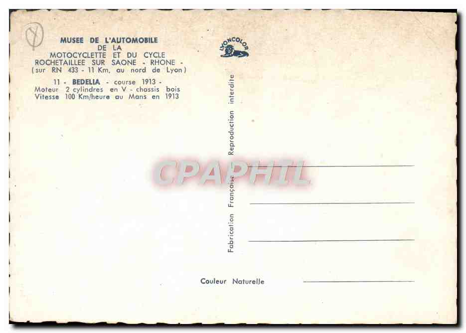 Bedelea - course 1913 — Musée de l'Automobile et du Cycle, Rochetaillée-sur-Saône — édition Lyoncolor — Verso