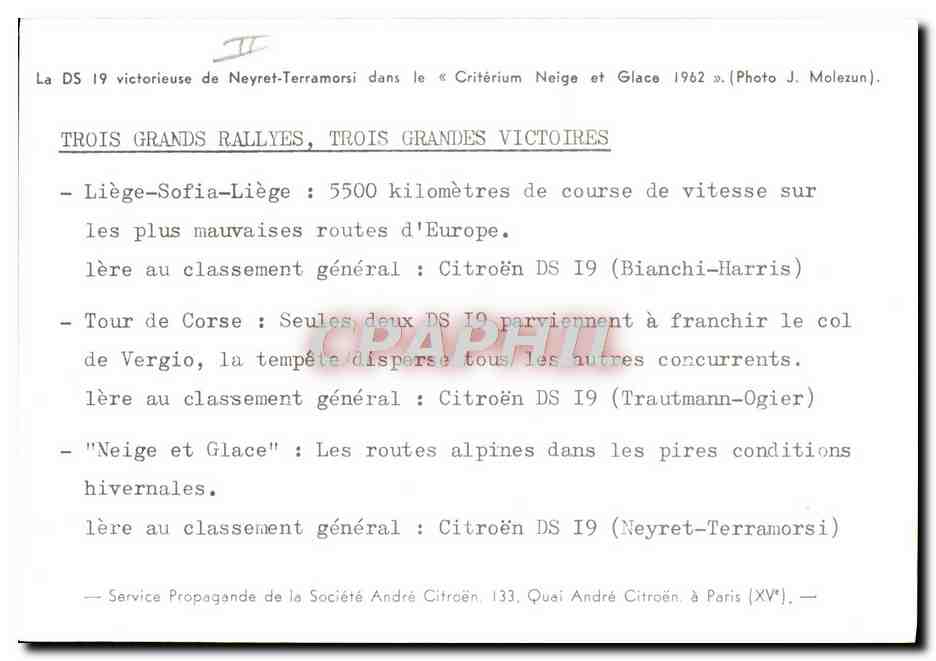 CPM Automobile La DS 19 victorieuse de Neyret Terramorsi Criterium Neige et glace 1962 — Verso