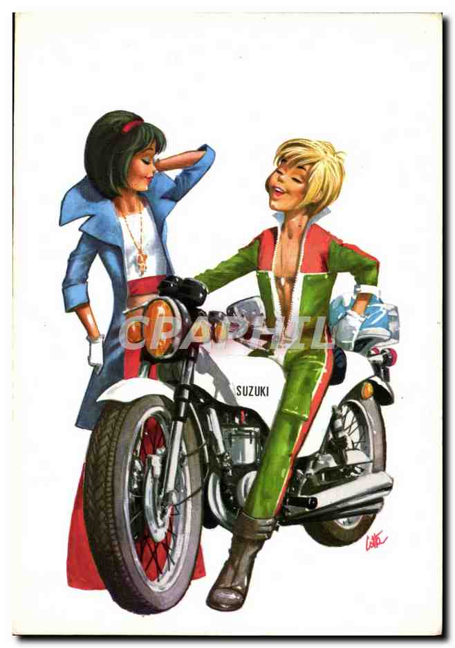 Deux jeunes femmes avec une moto Suzuki — illustration — CPAPHIL n° 5/3244 - Recto