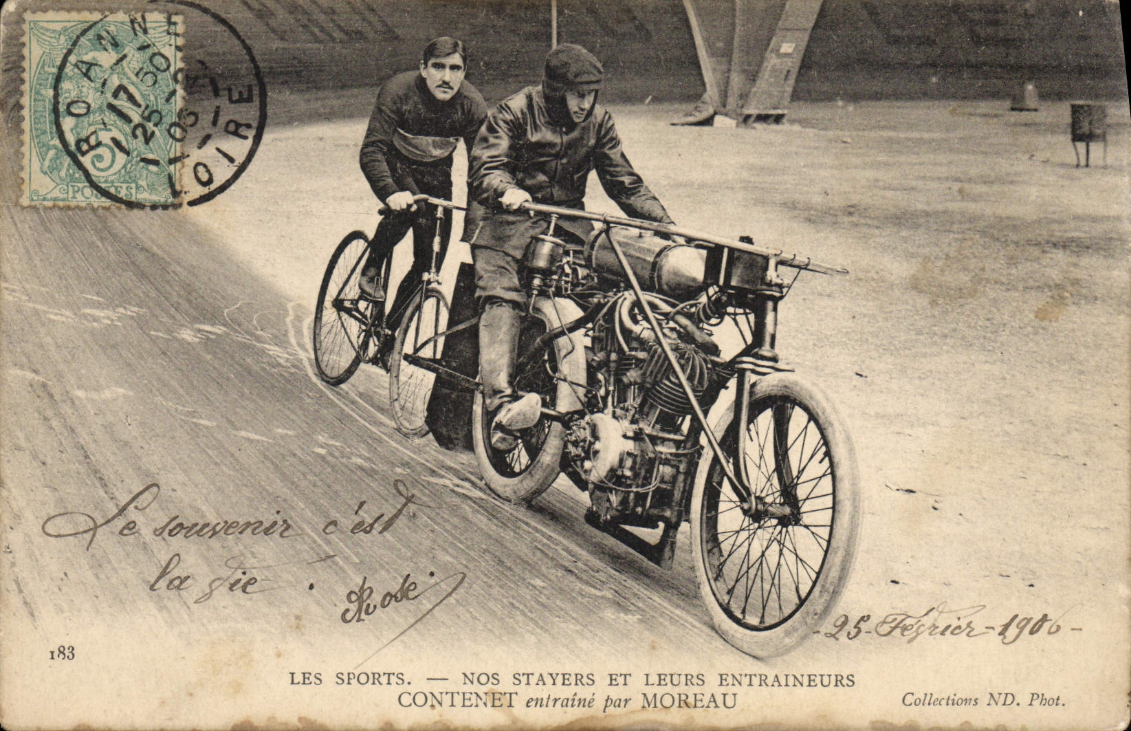 Les sports — nos stayer et leurs entraîneurs — Contenent entraîné par Moreau — Collections ND. Phot. — 25 Février 1906