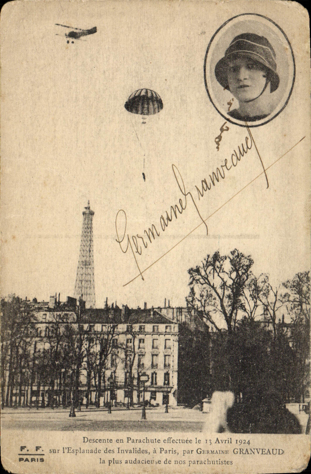 CPA Aviation Avion Descente en parachute effectuee le 13 avril 1924 sur l'esplanade Invalides Paris Germaine Granveaud 