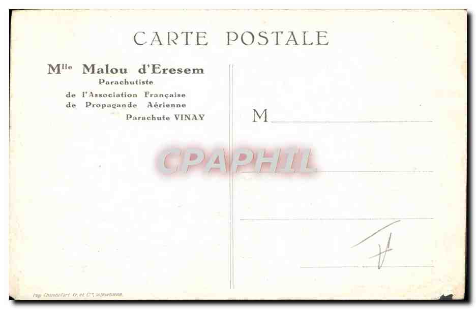 CPA Aviation Avion Mlle Malou d'Eresem Parachutiste — Verso