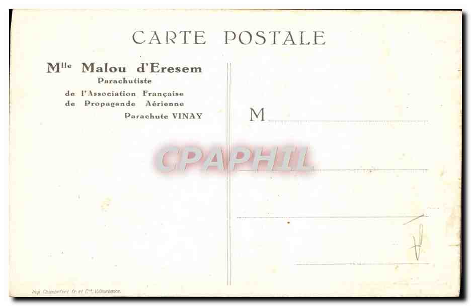 CPA Aviation Avion Mlle Malou d'Eresem Parachutiste — Verso
