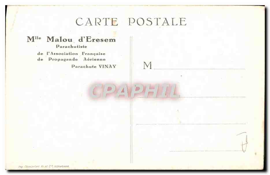 CPA Aviation Avion Mlle Malou d'Eresem Parachutiste — Rückseite