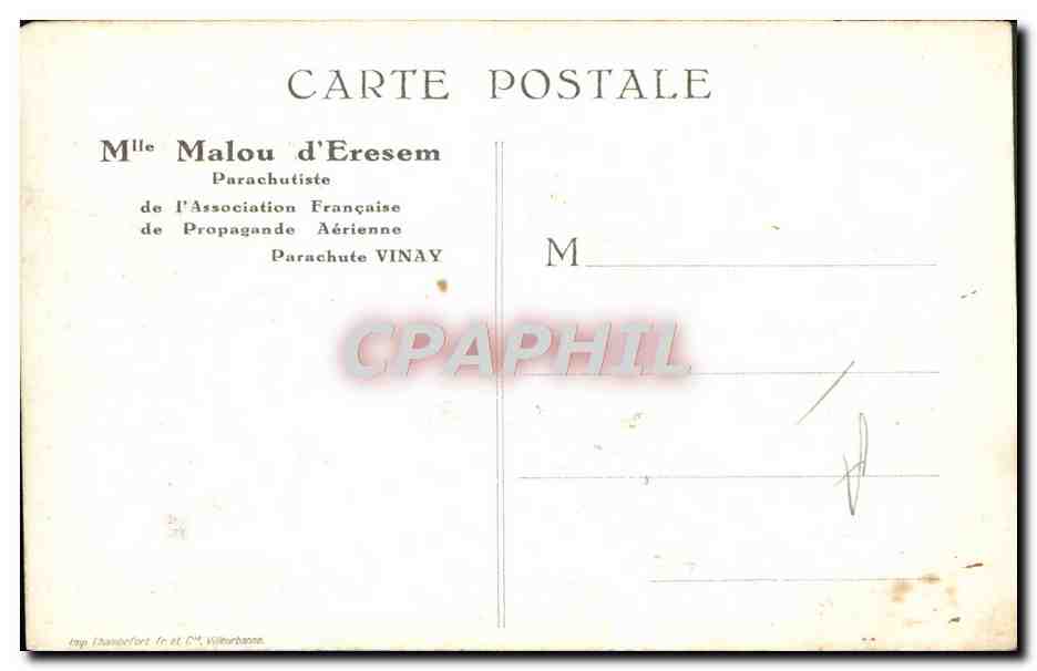 CPA Aviation Avion Mlle Malou d'Eresem Parachutiste — Rückseite