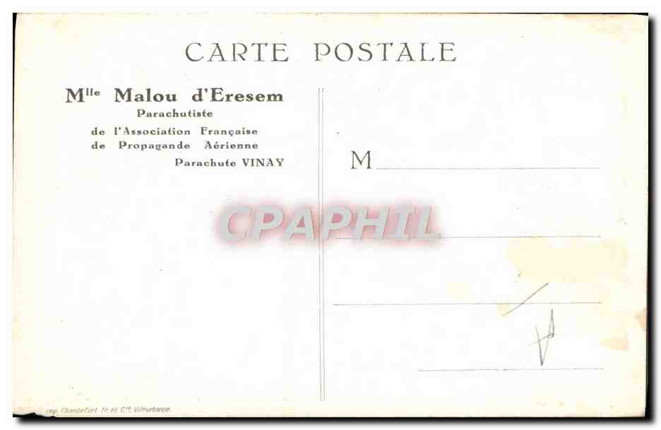 CPA Aviation Avion Mlle Malou d'Eresem Parachutiste — Rückseite