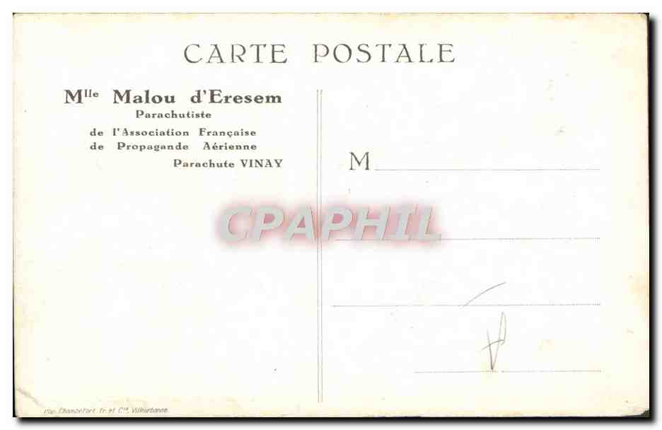 CPA Aviation Avion Mlle Malou d'Eresem Parachutiste — Rückseite