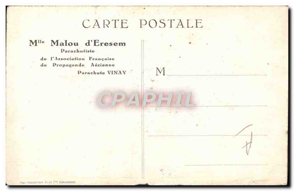 CPA Aviation Avion Mlle Malou d'Eresem Parachutiste — Rückseite