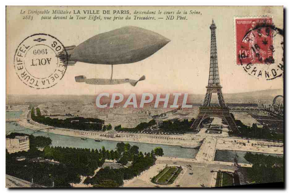CPA Aviation Dirigeable Ville de Paris descendant le cours de la Seine Tour Eiffel Zeppelin 