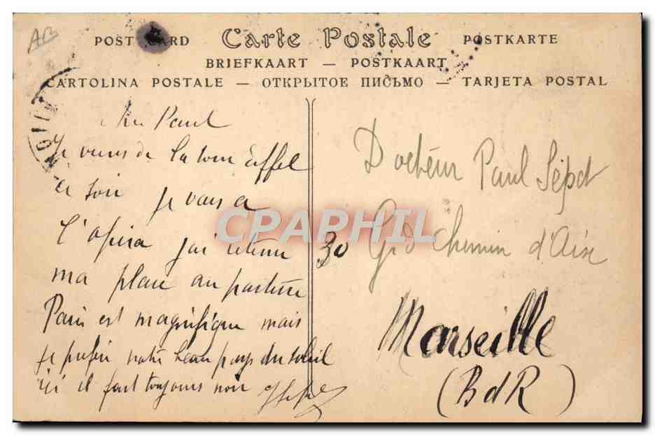 CPA Aviation Dirigeable Ville de Paris descendant le cours de la Seine Tour Eiffel Zeppelin  — Verso