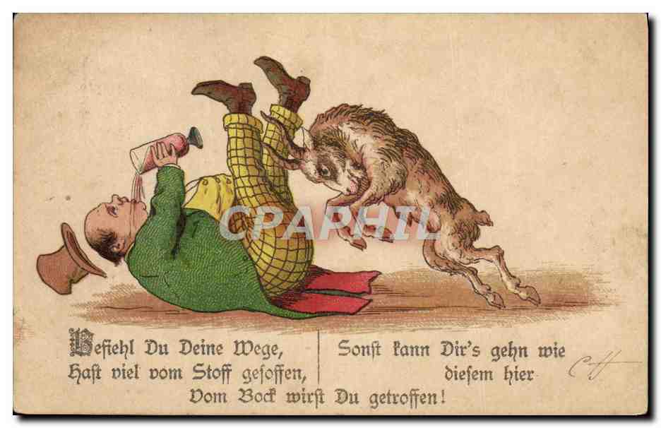 Bœuf et homme ivre — caricature humoristique — éditeur C.J. (signé) et n° de série non visible - Anverso