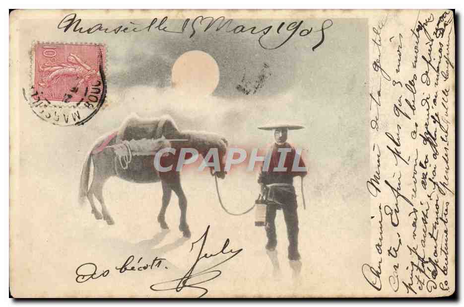 CPA Japon Nippon Homme Cheval Ane Mule 