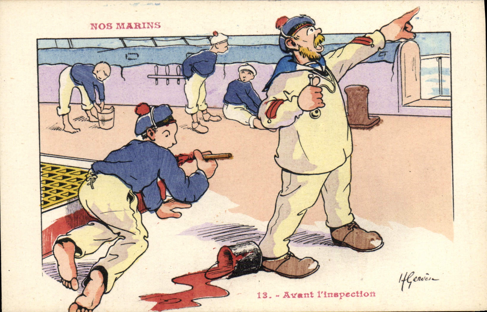 CPA Illustrateur Gervese Nos marins Avant l'inspection