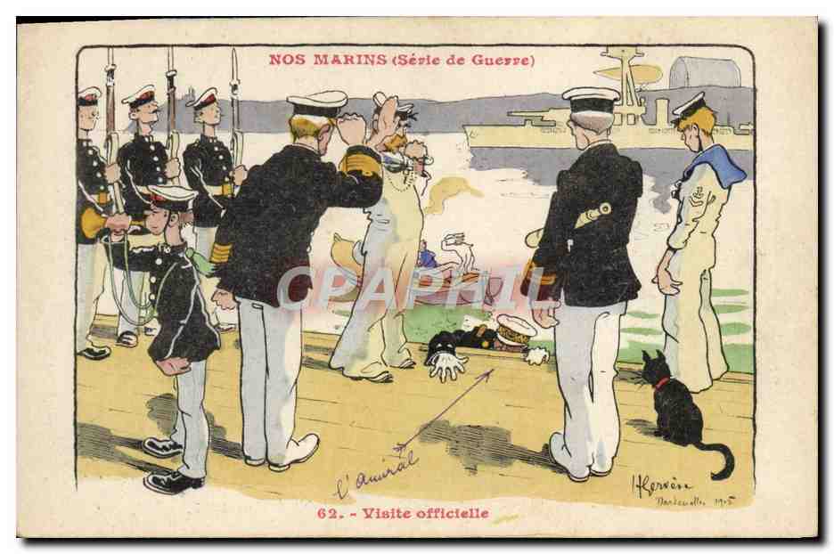 CPA Illustrateur Gervese Nos marins Visite officielle Chat 