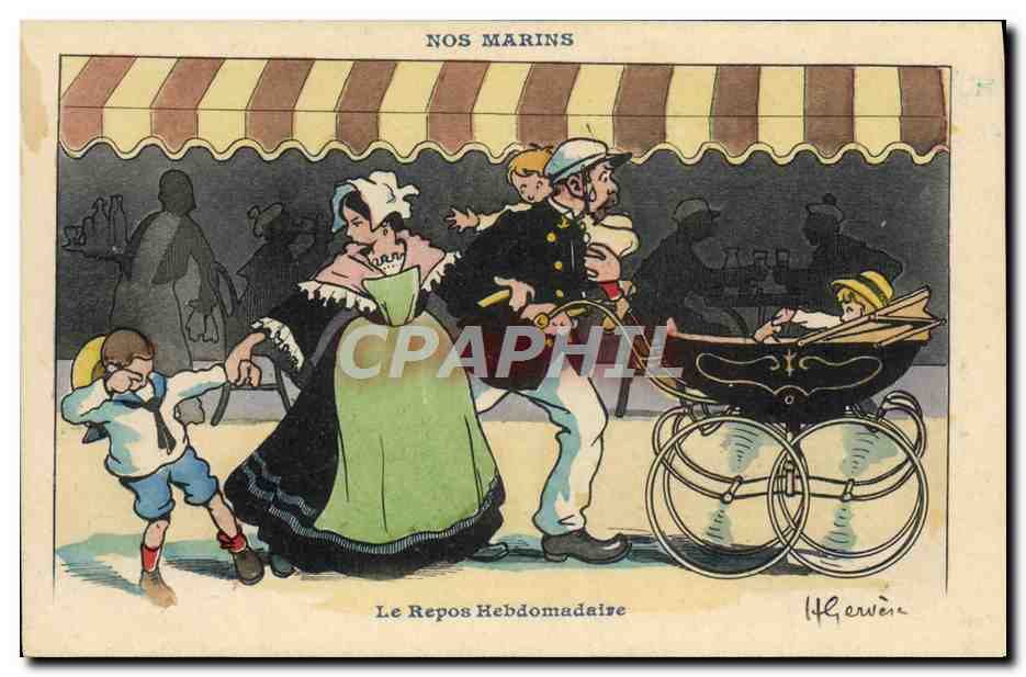 CPA Illustrateur Gervese Nos marins le repos hebdomadaire Poussette Enfant