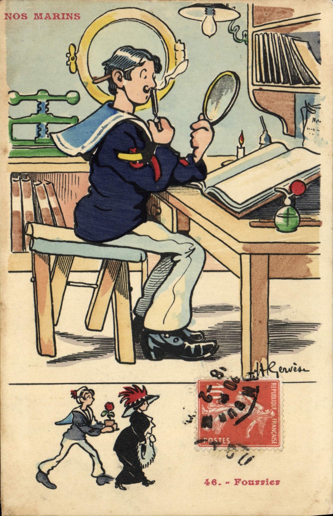 Nos Marins — caricature d'un marin en uniforme lisant à la lumière d'une bougie — éditeur Fournier, n°46