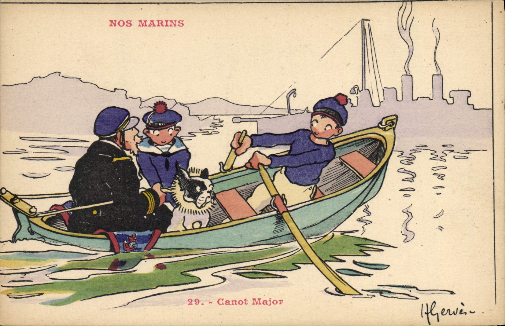 CPA Illustrateur Gervese Nos marins Canot major Chien Bouledogue 