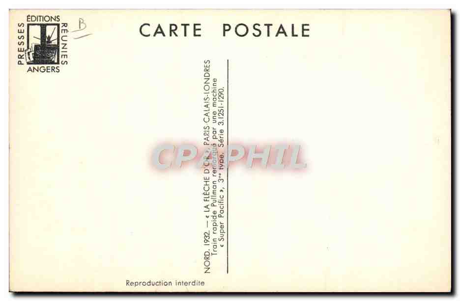 CPM Train Nord 1932 La Fleche d'or Train rapide Pullman — Rückseite