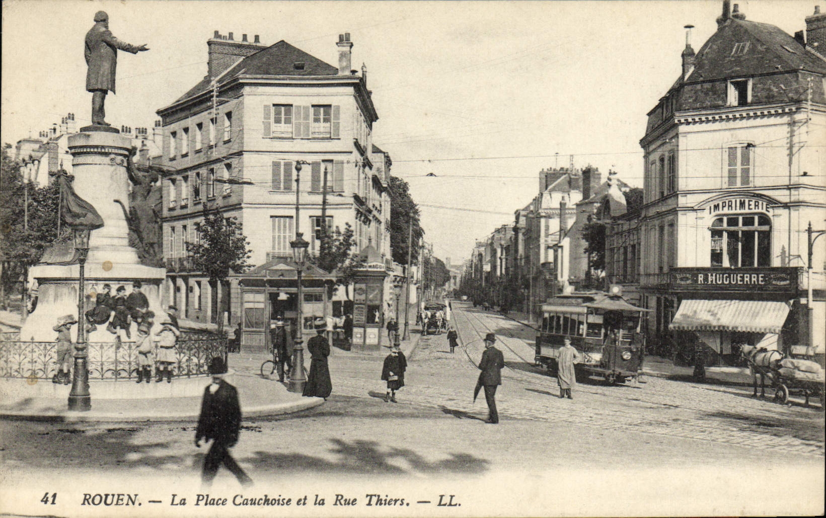 CPA Tramway Train Rouen La place Cauchoise et la rue Thiers Imprimerie Huguerre