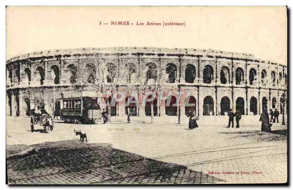 CPA Tramway Train Nimes Les arenes Exterieur Ane Mule Attelage 