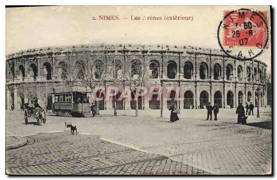 CPA Tramway Train Nimes Les arenes Exterieur Attelage Ane Mule 