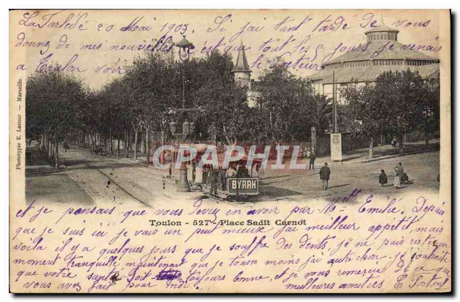 CPA Tramway Train Toulon Place sadit Carnot sadi Carnot